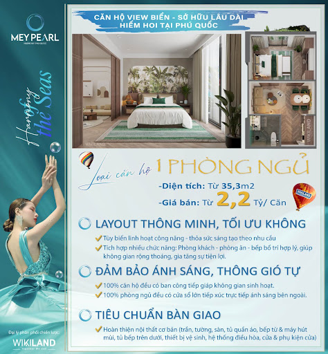 Căn hộ 1 phòng ngủ diện tích 35.3m2 Meypearl Harmony Phú Quốc